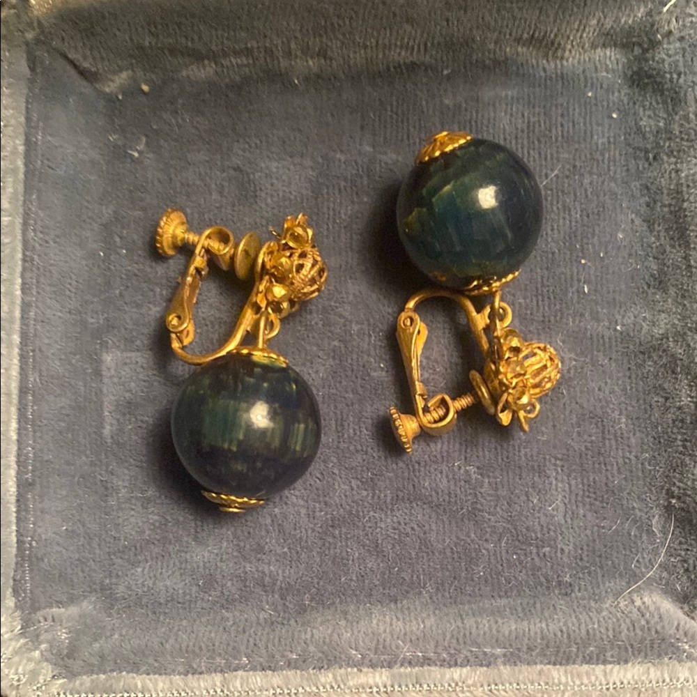 Gold and Blue Filigree Clip-On Earrings